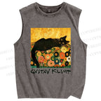 Unisex Klimt Black Cat Printed Washed Tank Top
