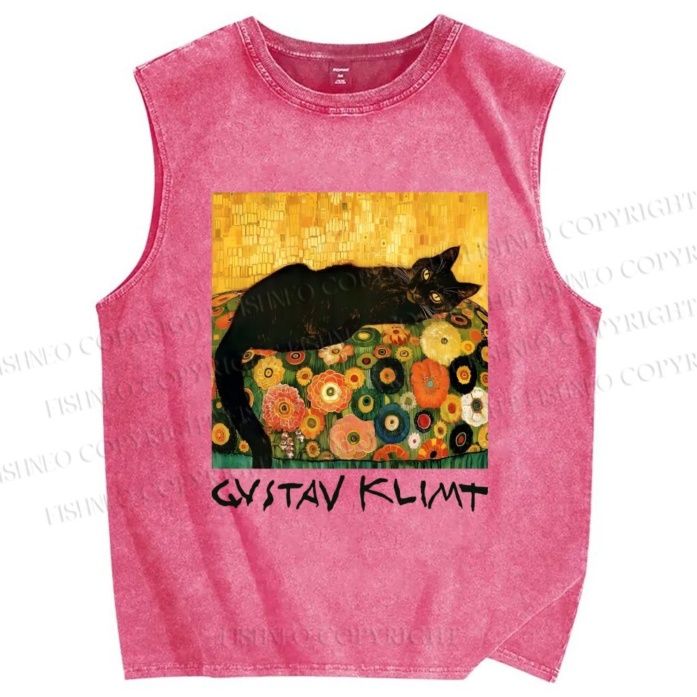 Unisex Klimt Black Cat Printed Washed Tank Top