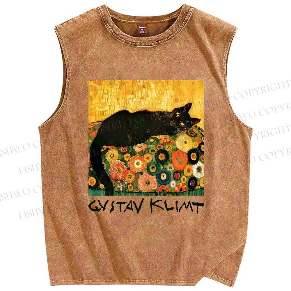 Unisex Klimt Black Cat Printed Washed Tank Top