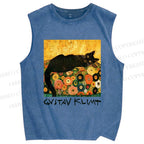 Unisex Klimt Black Cat Printed Washed Tank Top