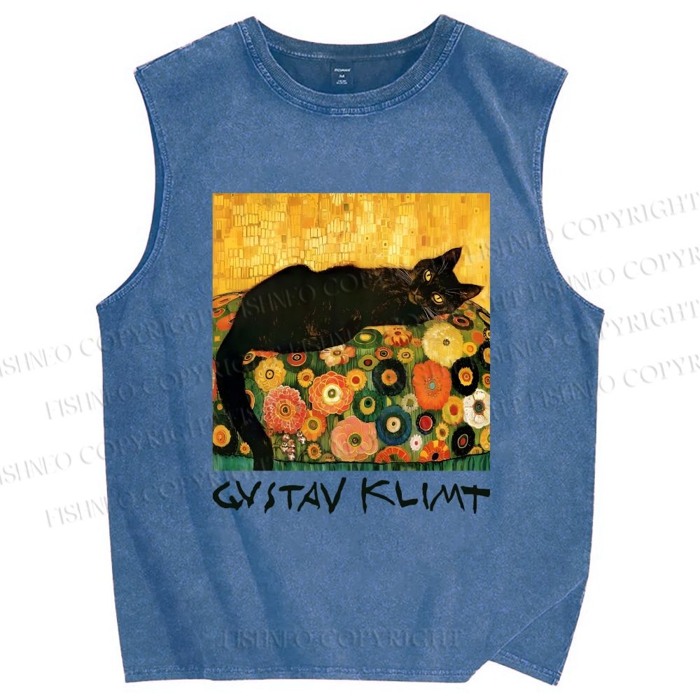 Unisex Klimt Black Cat Printed Washed Tank Top