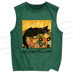 Unisex Klimt Black Cat Printed Washed Tank Top