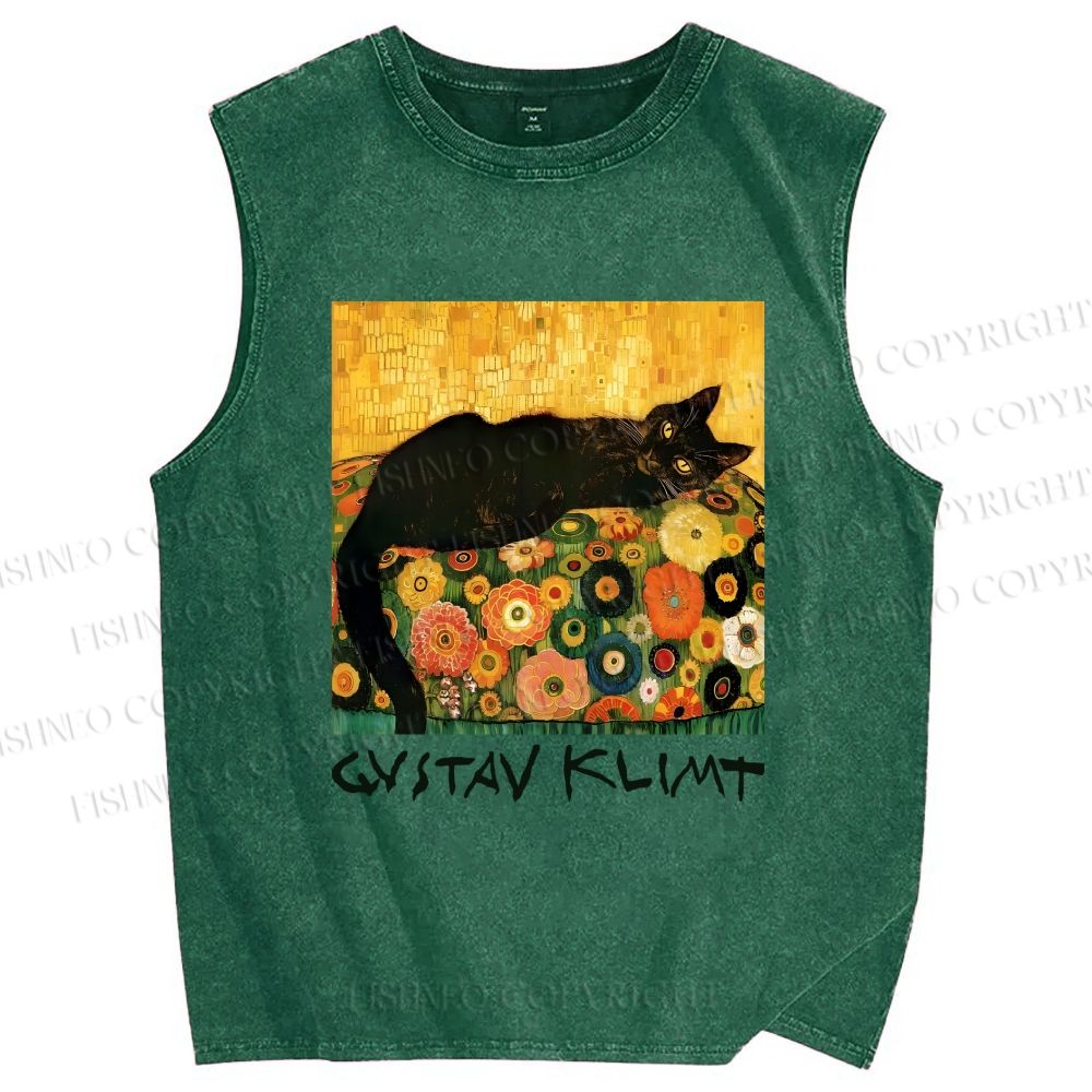 Unisex Klimt Black Cat Printed Washed Tank Top