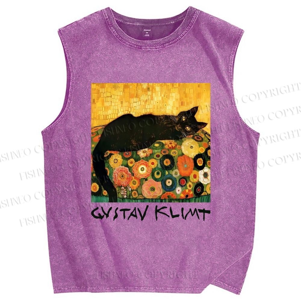 Unisex Klimt Black Cat Printed Washed Tank Top