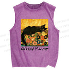 Unisex Klimt Black Cat Printed Washed Tank Top