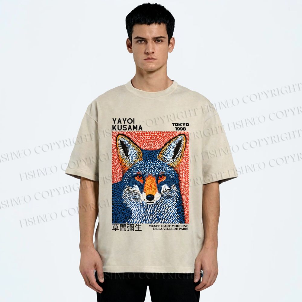 Unisex Yayoi Kusama Blue Fox Printed Washed Tee