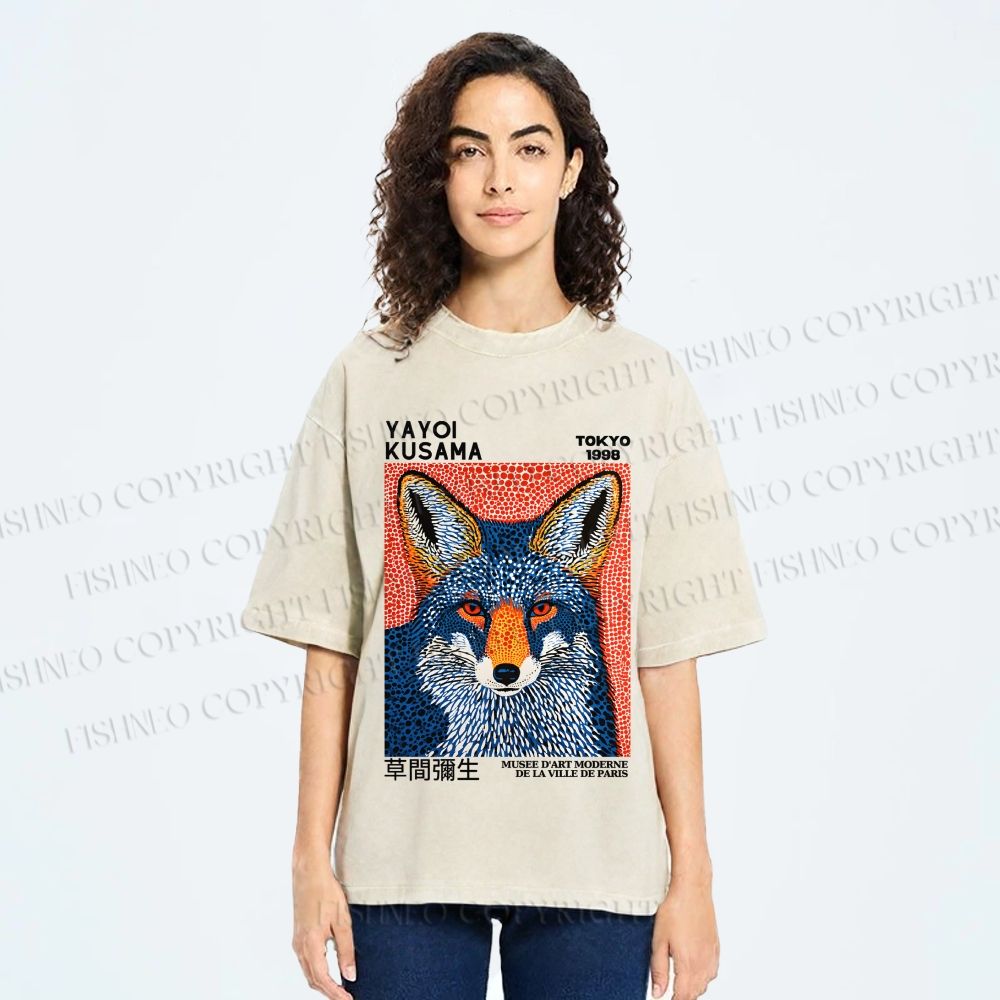 Unisex Yayoi Kusama Blue Fox Printed Washed Tee