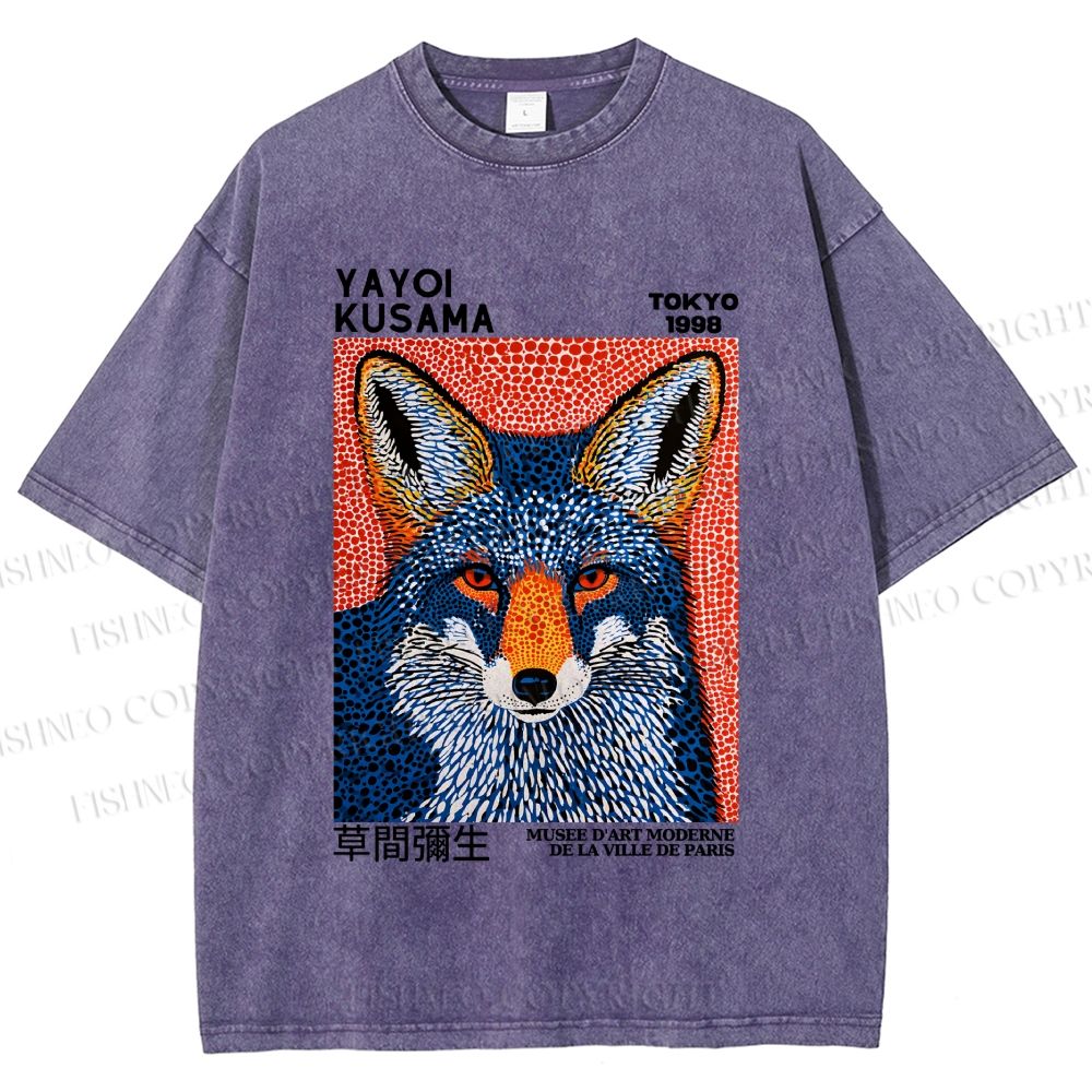 Unisex Yayoi Kusama Blue Fox Printed Washed Tee
