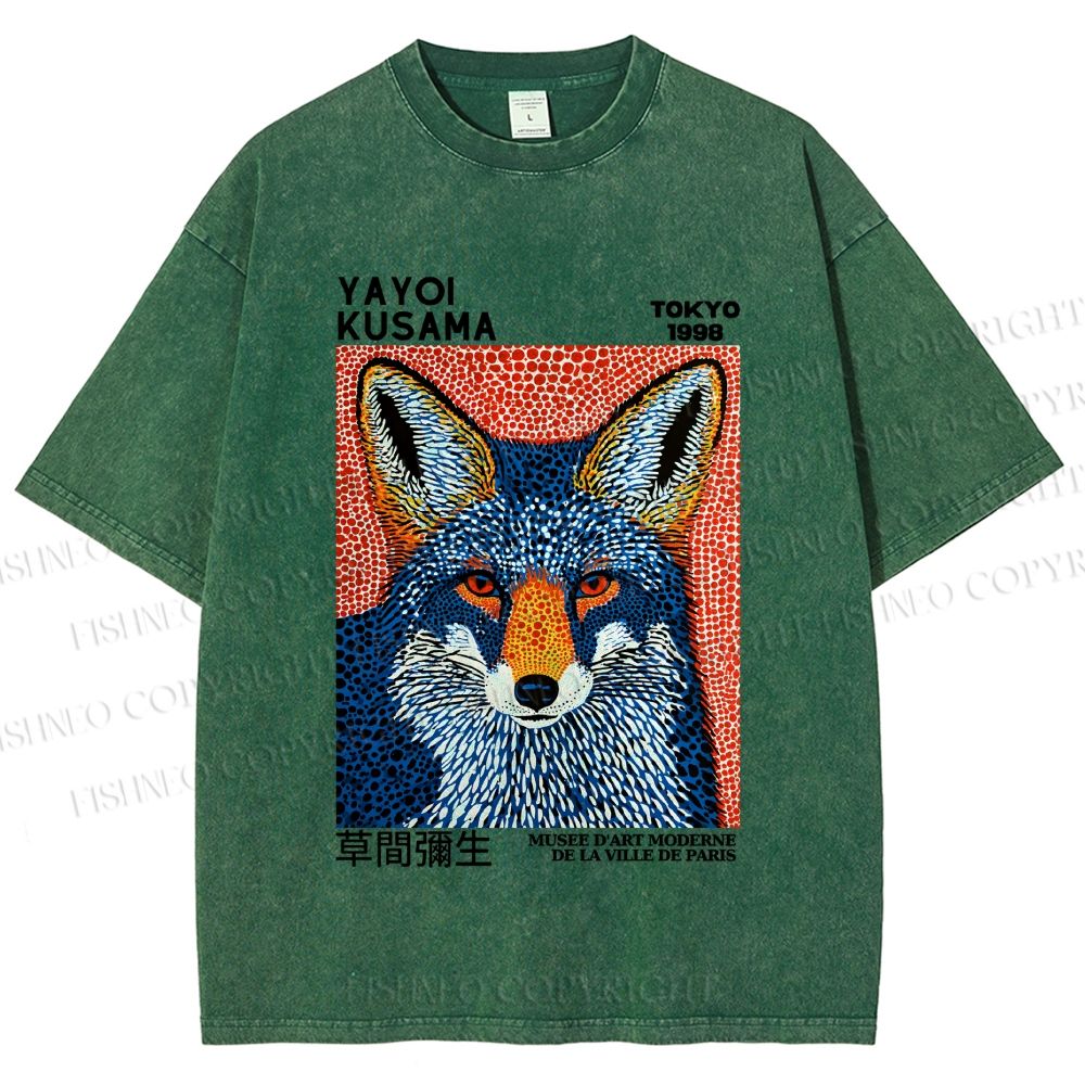 Unisex Yayoi Kusama Blue Fox Printed Washed Tee