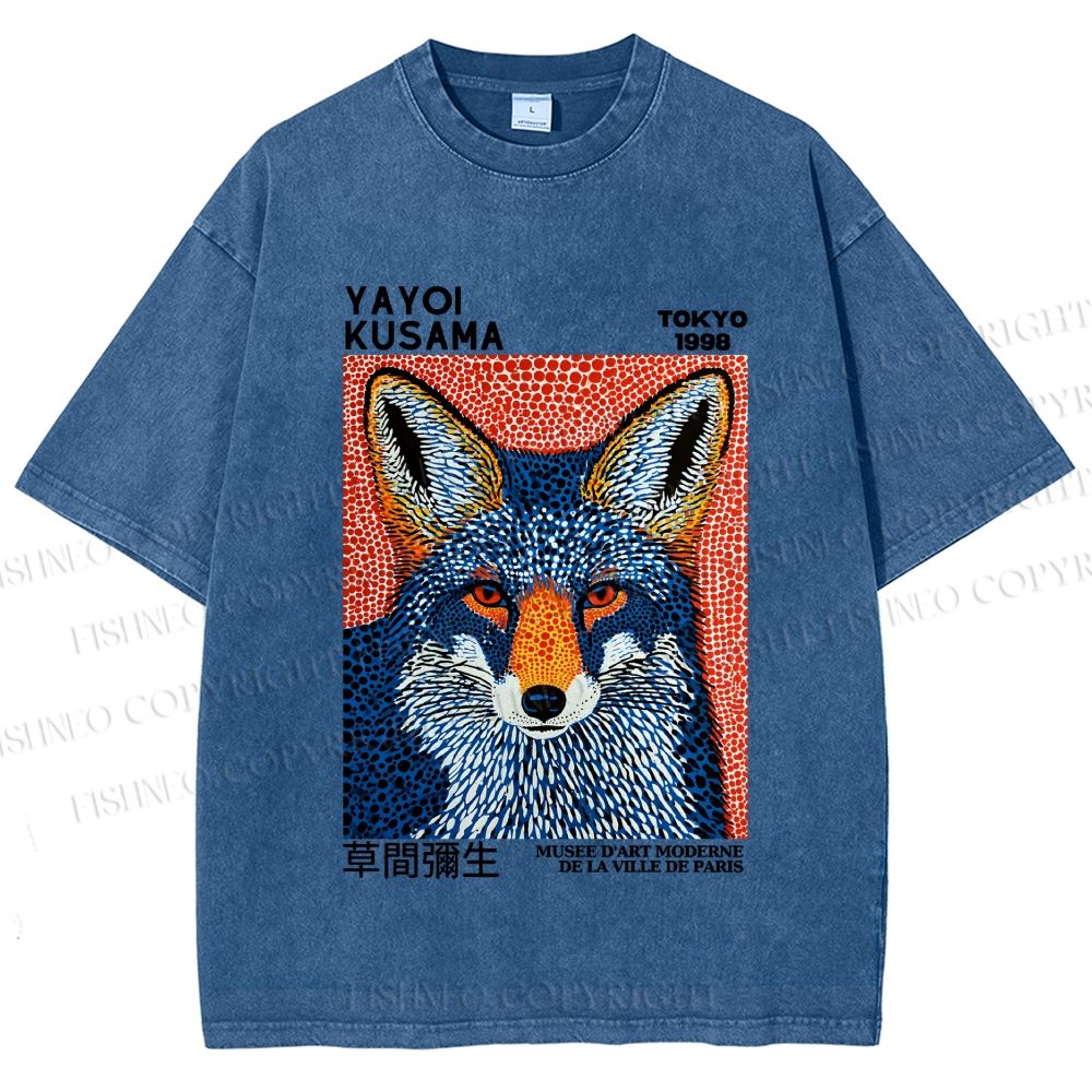 Unisex Yayoi Kusama Blue Fox Printed Washed Tee