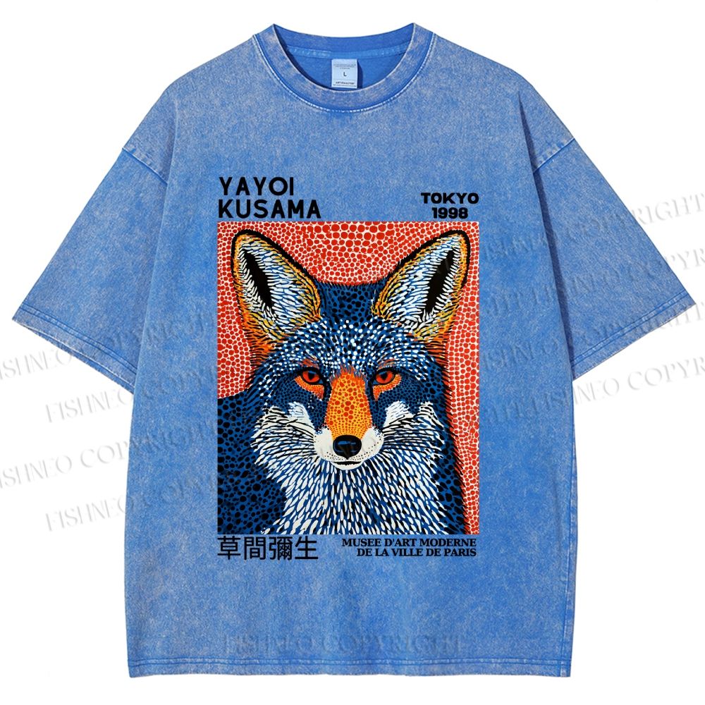 Unisex Yayoi Kusama Blue Fox Printed Washed Tee