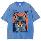 Unisex Yayoi Kusama Blue Fox Printed Washed Tee