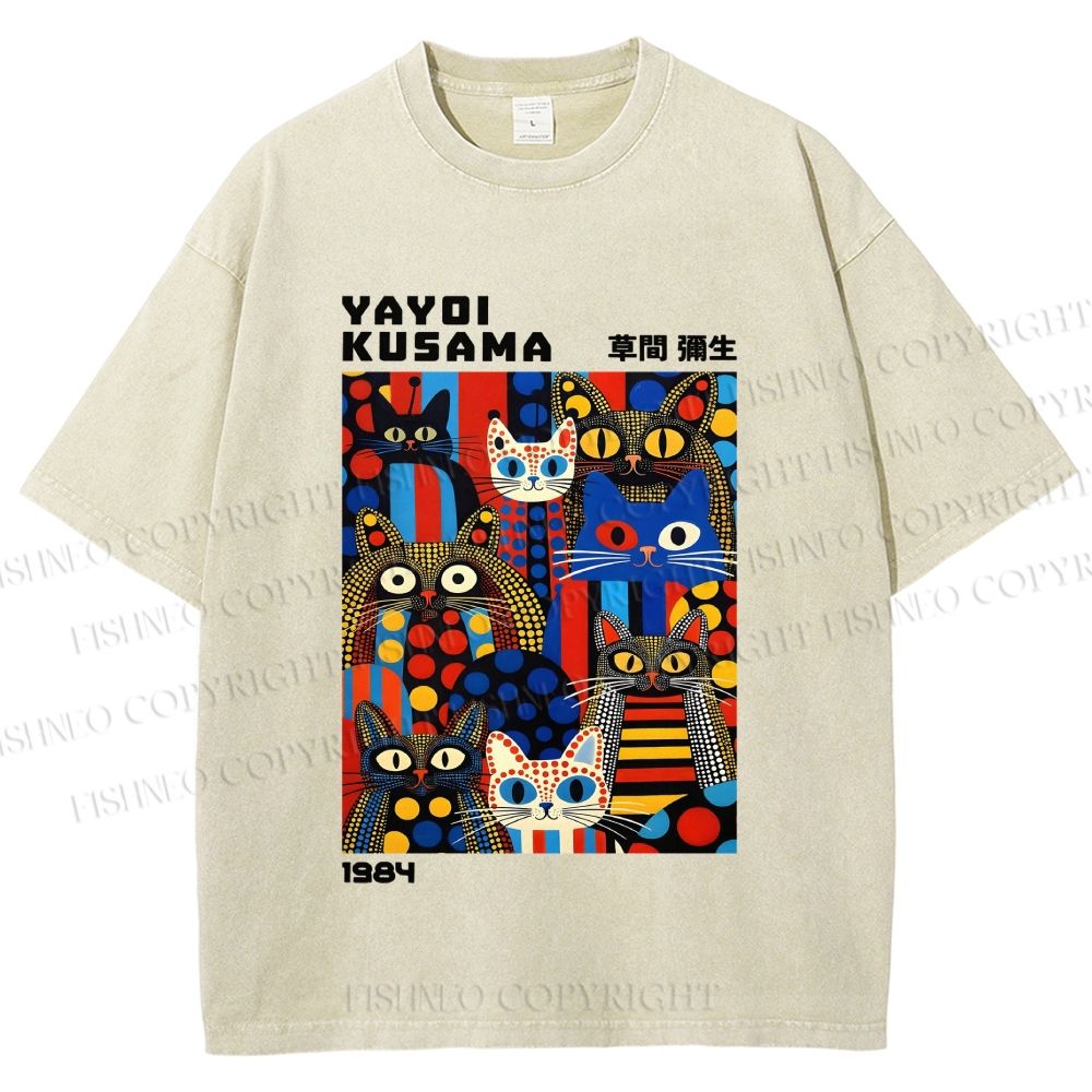 Unisex Yayoi Kusama Cats Printed Washed Tee