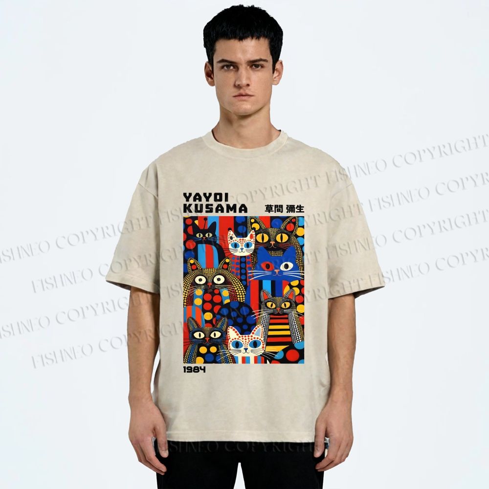 Unisex Yayoi Kusama Cats Printed Washed Tee