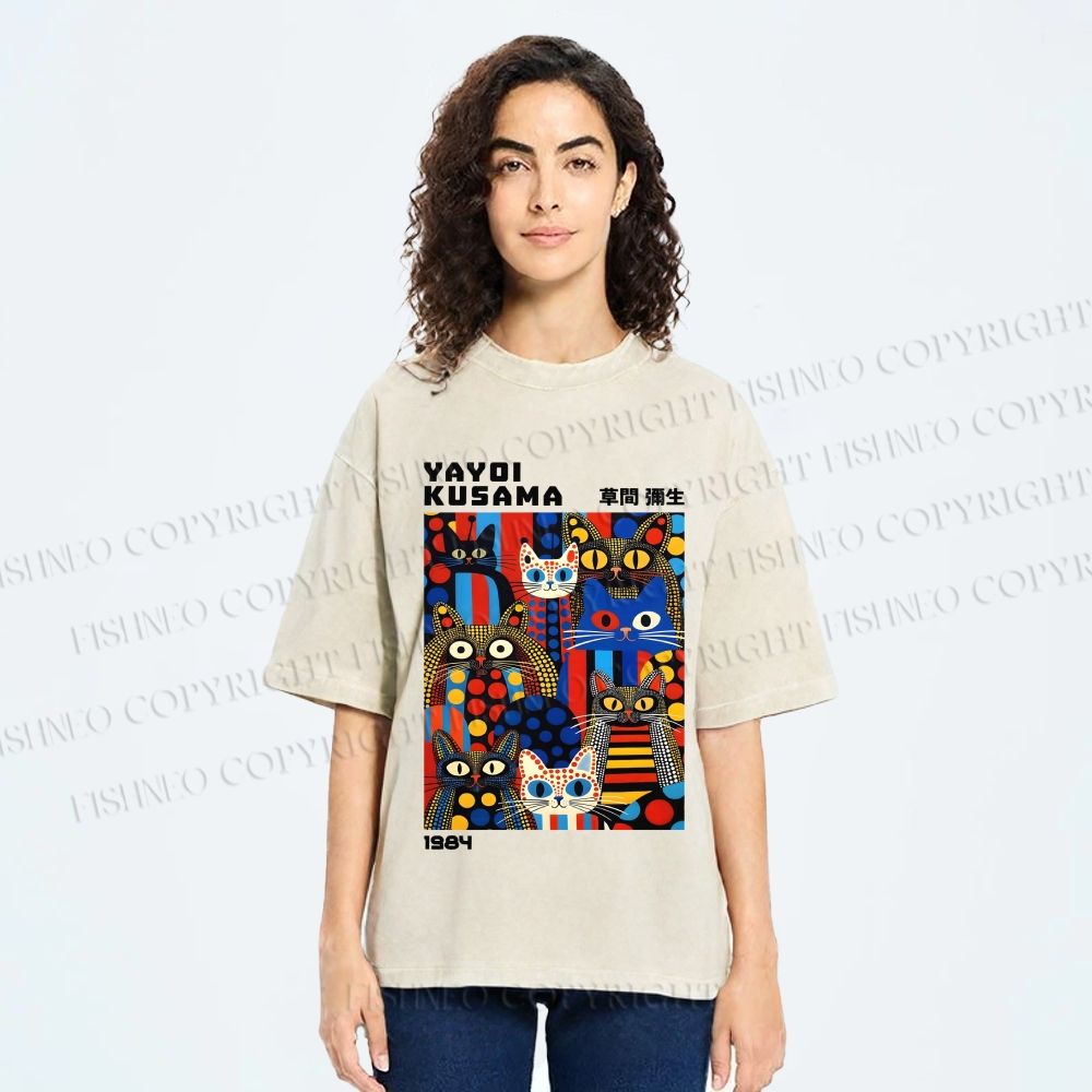 Unisex Yayoi Kusama Cats Printed Washed Tee