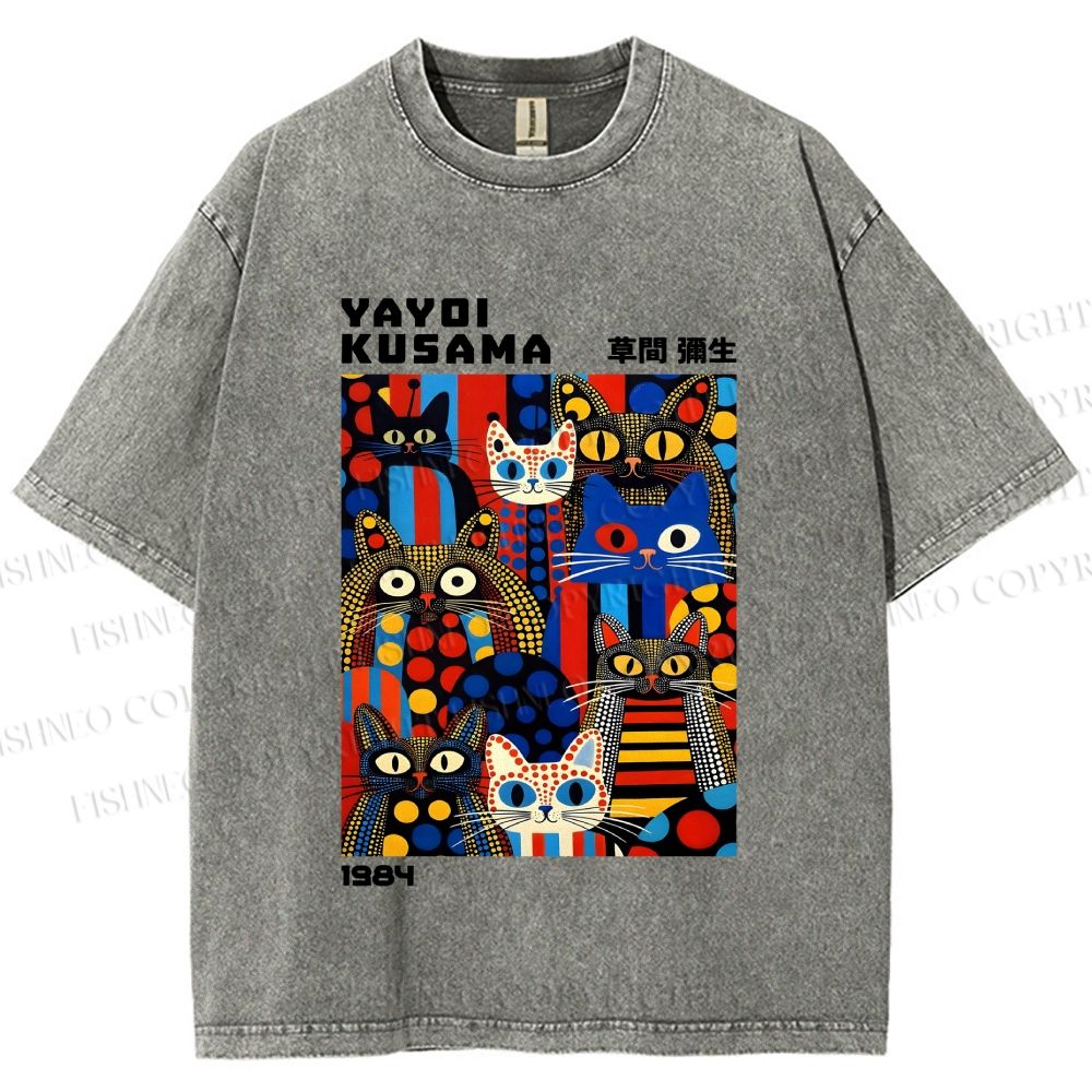 Unisex Yayoi Kusama Cats Printed Washed Tee