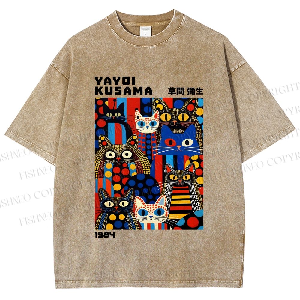 Unisex Yayoi Kusama Cats Printed Washed Tee