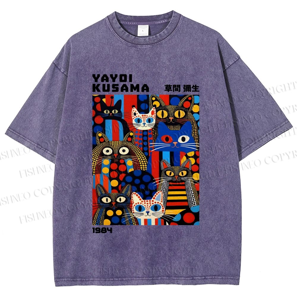 Unisex Yayoi Kusama Cats Printed Washed Tee