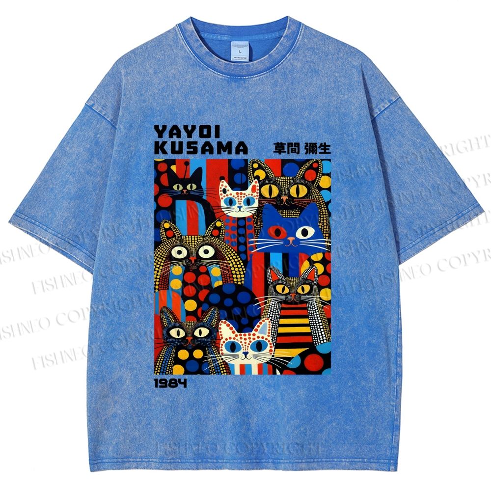 Unisex Yayoi Kusama Cats Printed Washed Tee