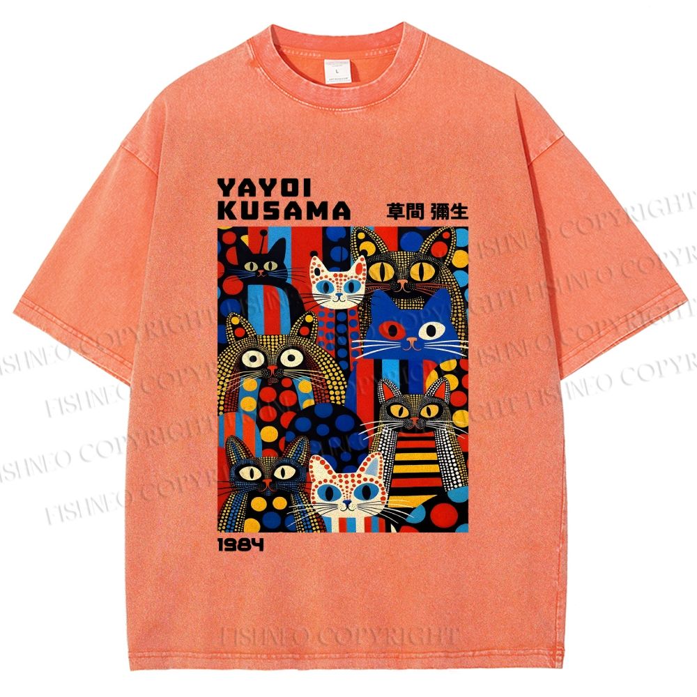 Unisex Yayoi Kusama Cats Printed Washed Tee