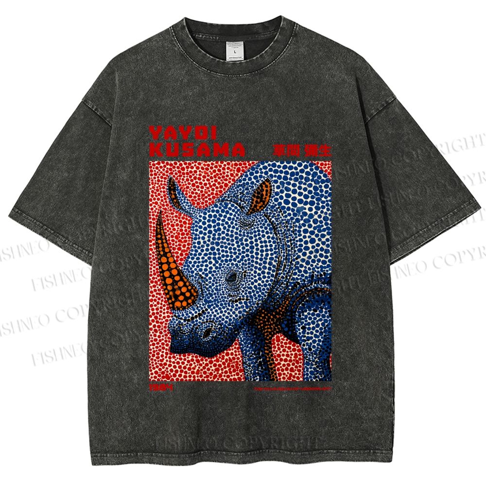 Unisex Yayoi Kusama Blue Rhino Printed Washed Tee