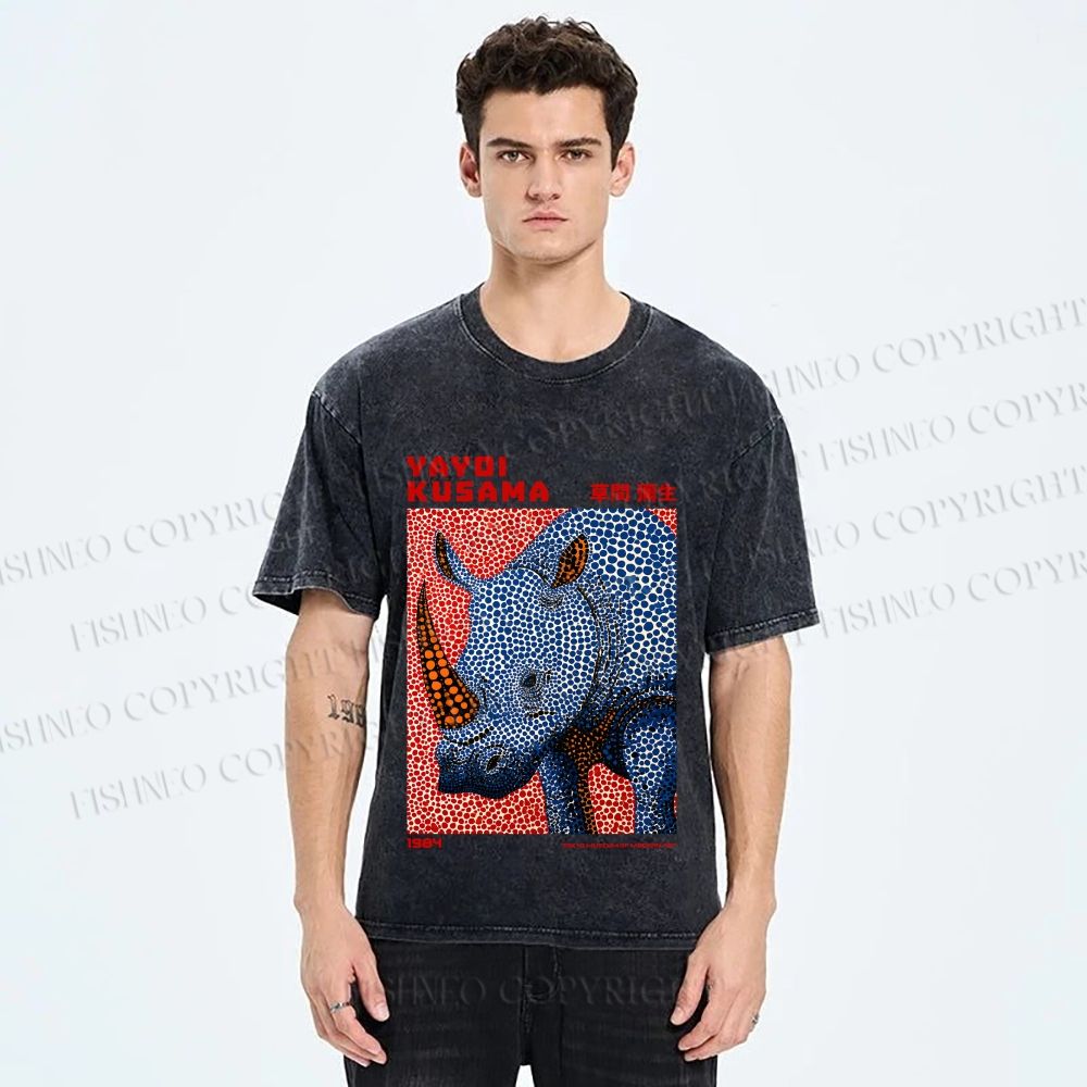 Unisex Yayoi Kusama Blue Rhino Printed Washed Tee