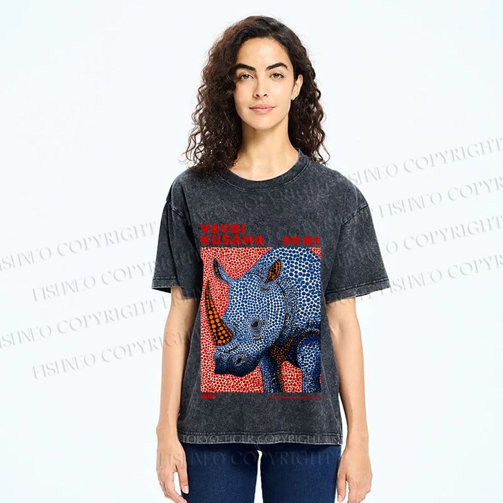 Unisex Yayoi Kusama Blue Rhino Printed Washed Tee