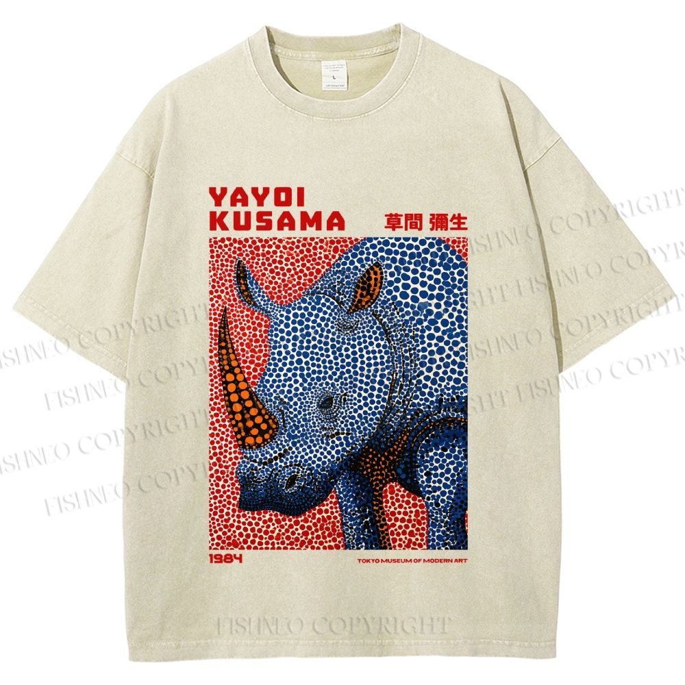 Unisex Yayoi Kusama Blue Rhino Printed Washed Tee