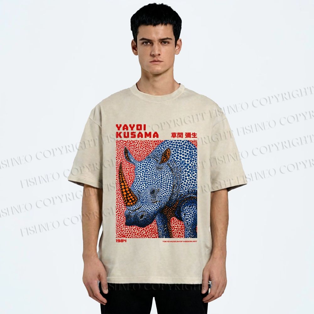 Unisex Yayoi Kusama Blue Rhino Printed Washed Tee
