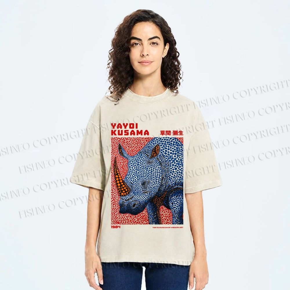 Unisex Yayoi Kusama Blue Rhino Printed Washed Tee