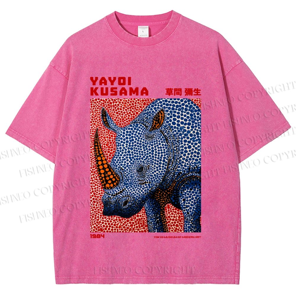Unisex Yayoi Kusama Blue Rhino Printed Washed Tee