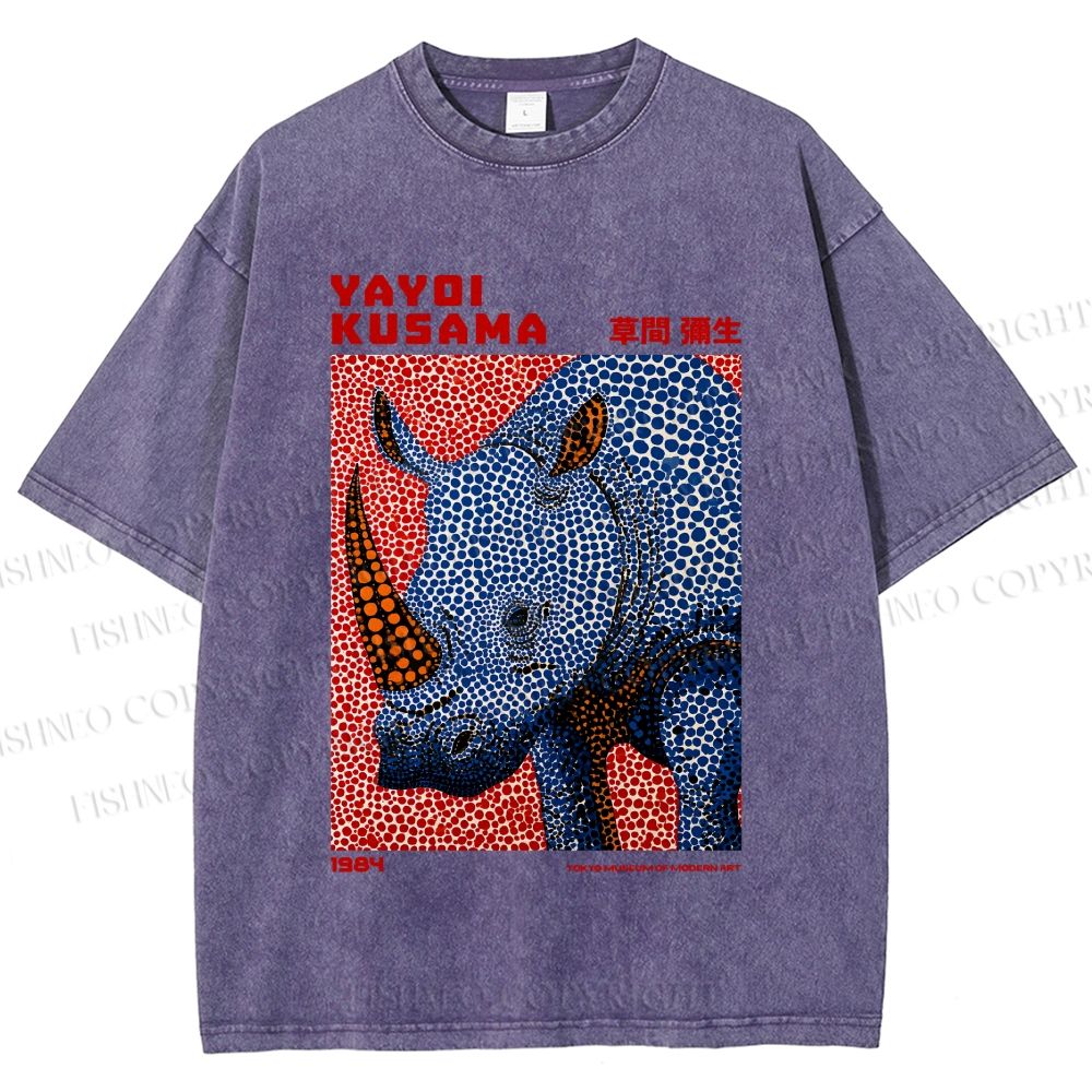 Unisex Yayoi Kusama Blue Rhino Printed Washed Tee
