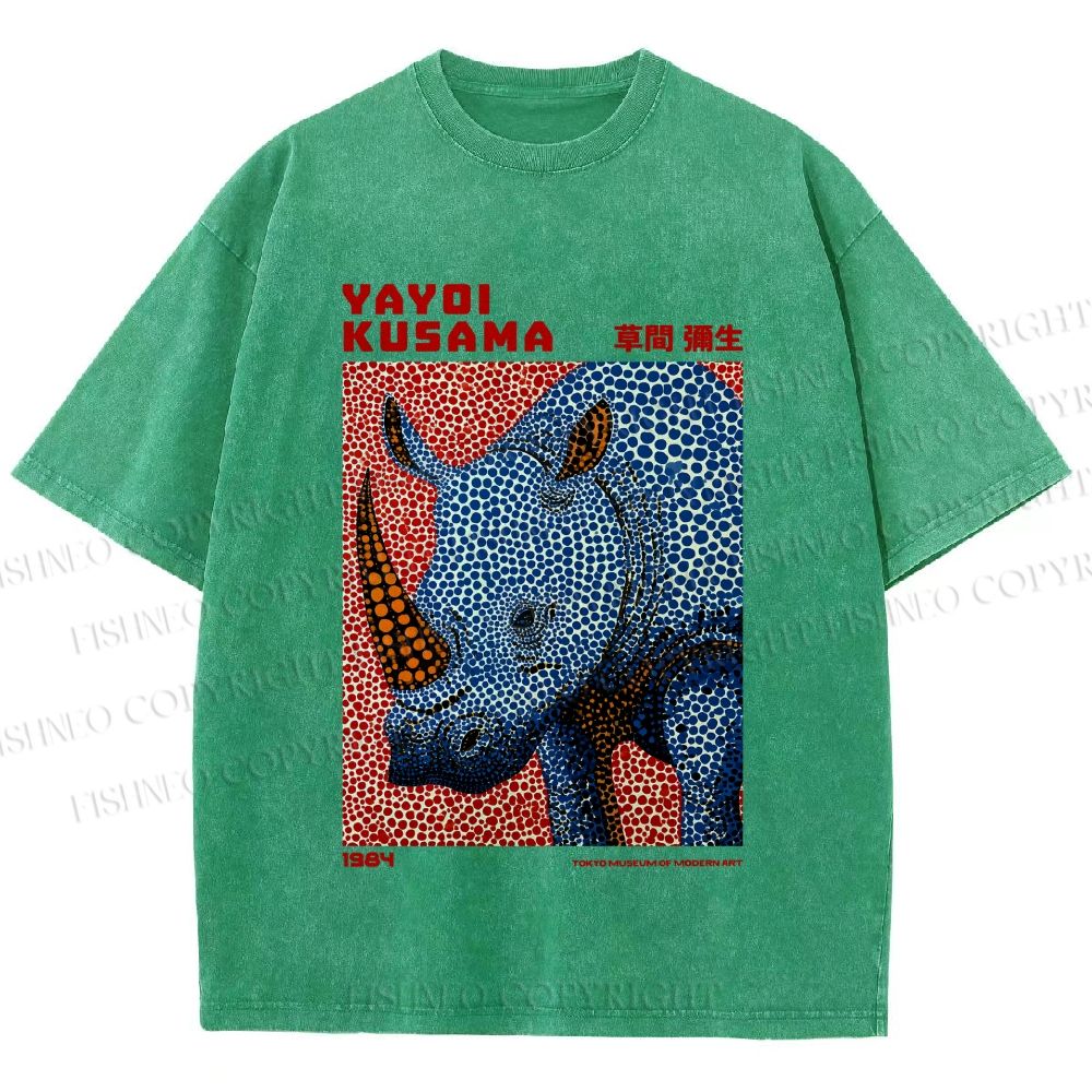Unisex Yayoi Kusama Blue Rhino Printed Washed Tee