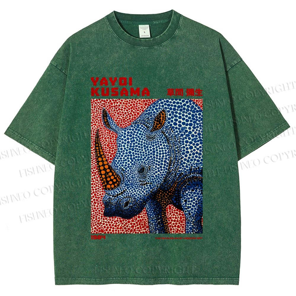 Unisex Yayoi Kusama Blue Rhino Printed Washed Tee