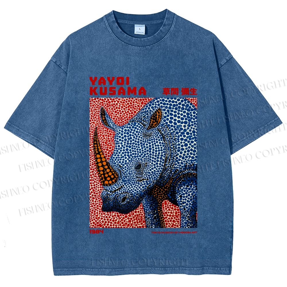 Unisex Yayoi Kusama Blue Rhino Printed Washed Tee