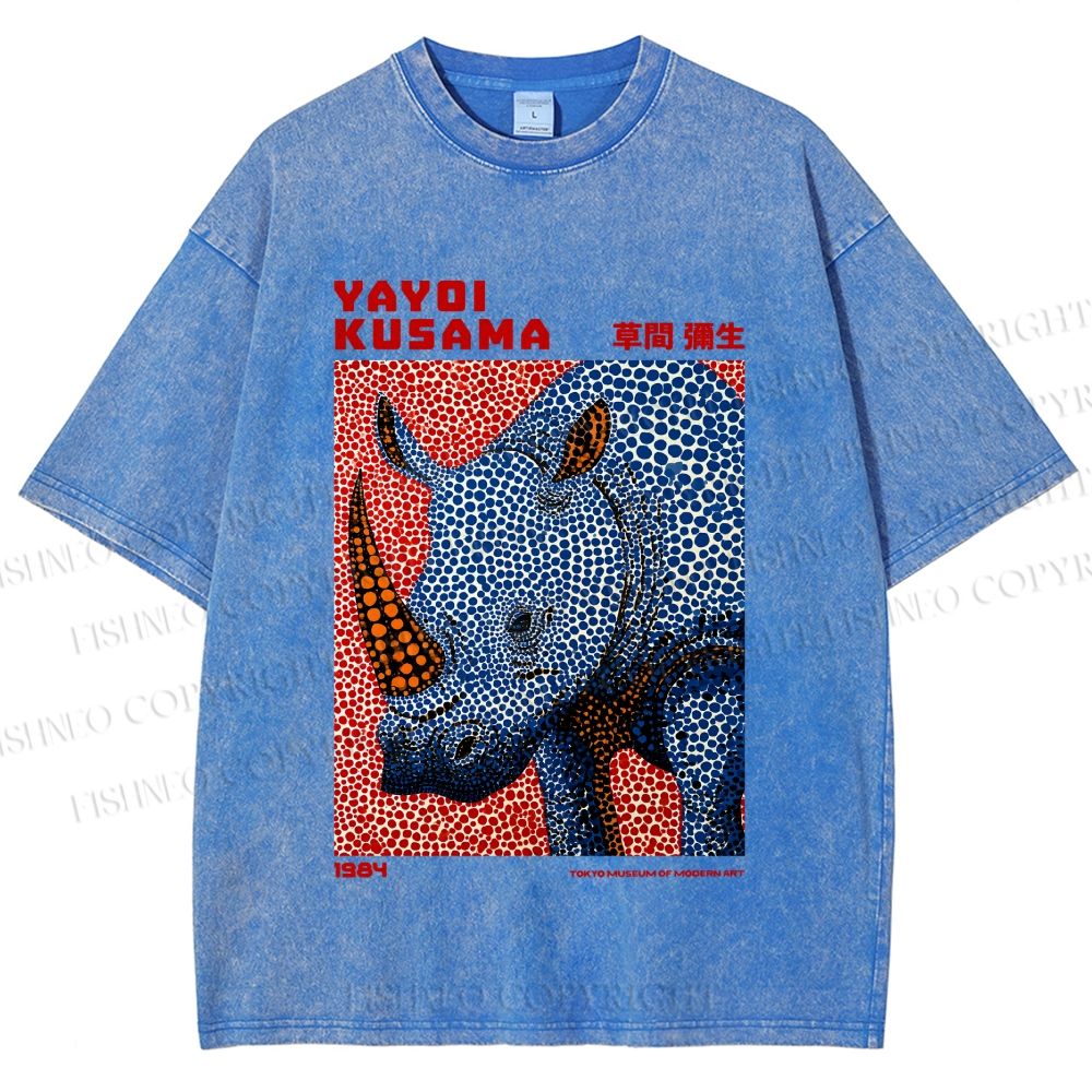 Unisex Yayoi Kusama Blue Rhino Printed Washed Tee