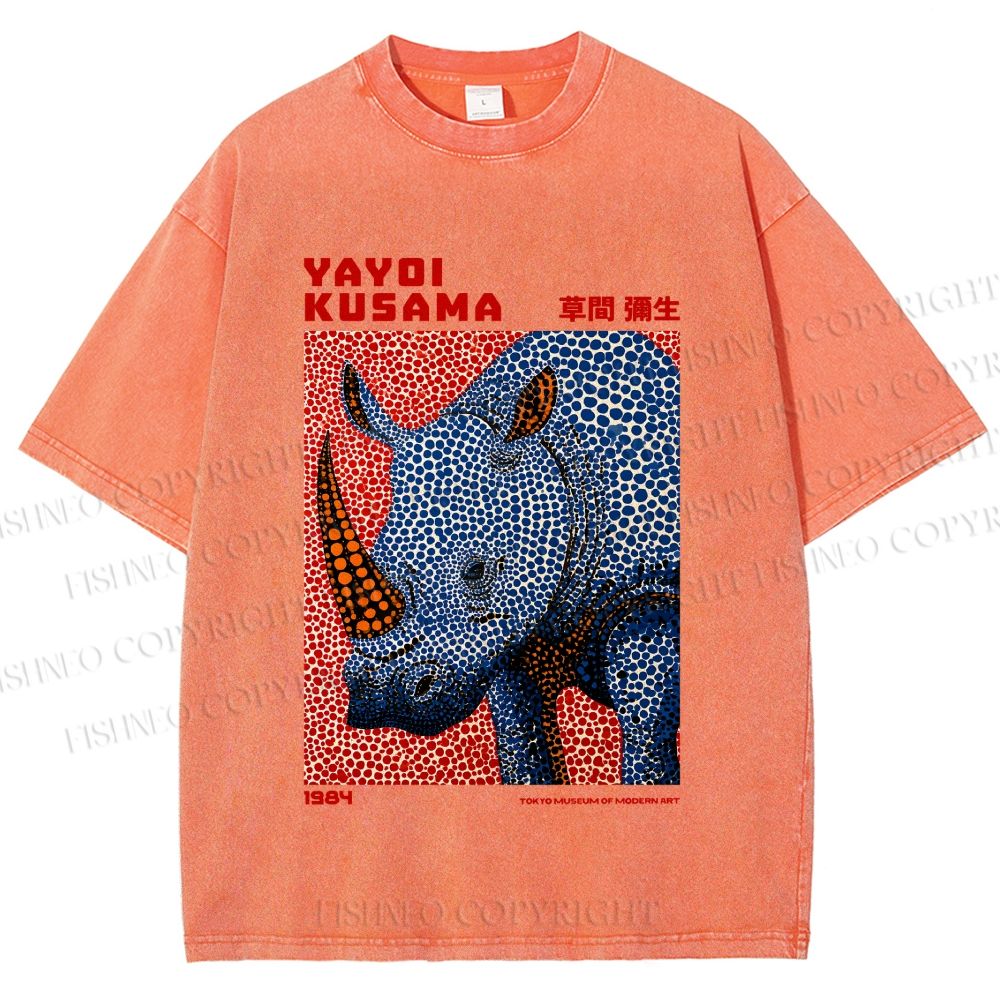 Unisex Yayoi Kusama Blue Rhino Printed Washed Tee