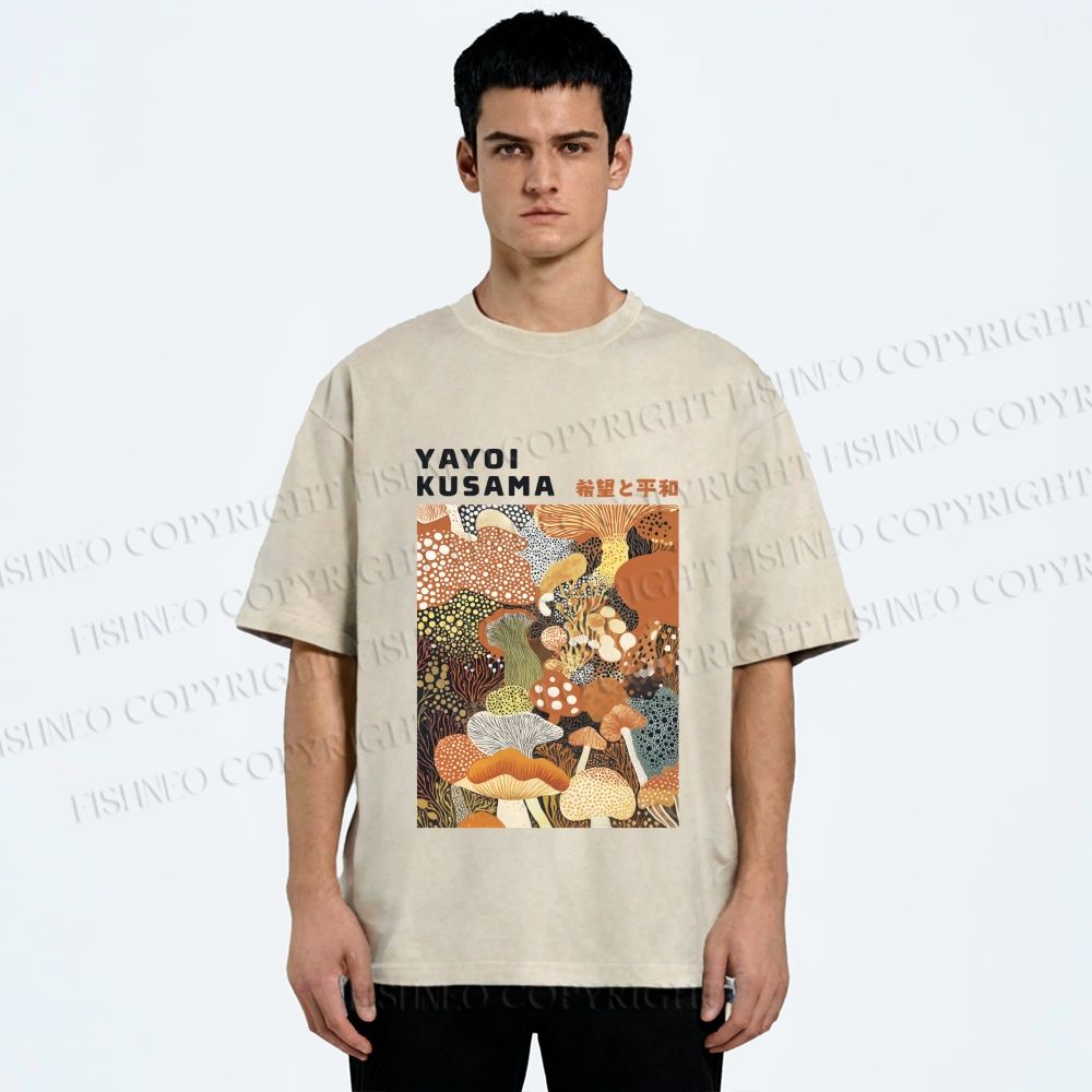 Unisex Yayoi Kusama Mushroom Printed Washed Tee