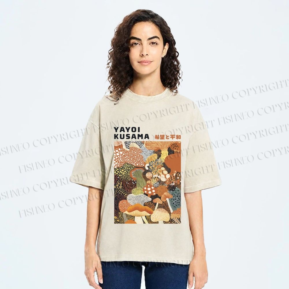 Unisex Yayoi Kusama Mushroom Printed Washed Tee