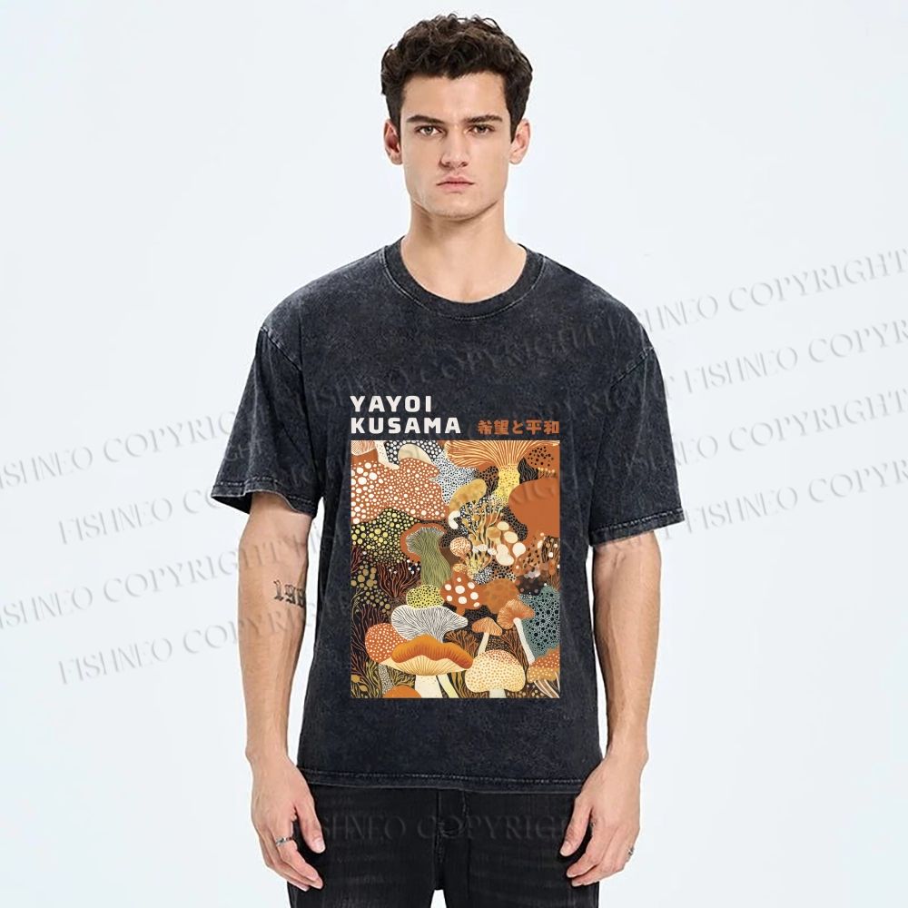 Unisex Yayoi Kusama Mushroom Printed Washed Tee