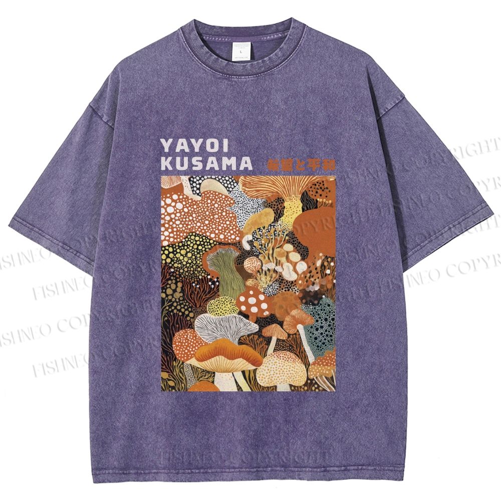 Unisex Yayoi Kusama Mushroom Printed Washed Tee