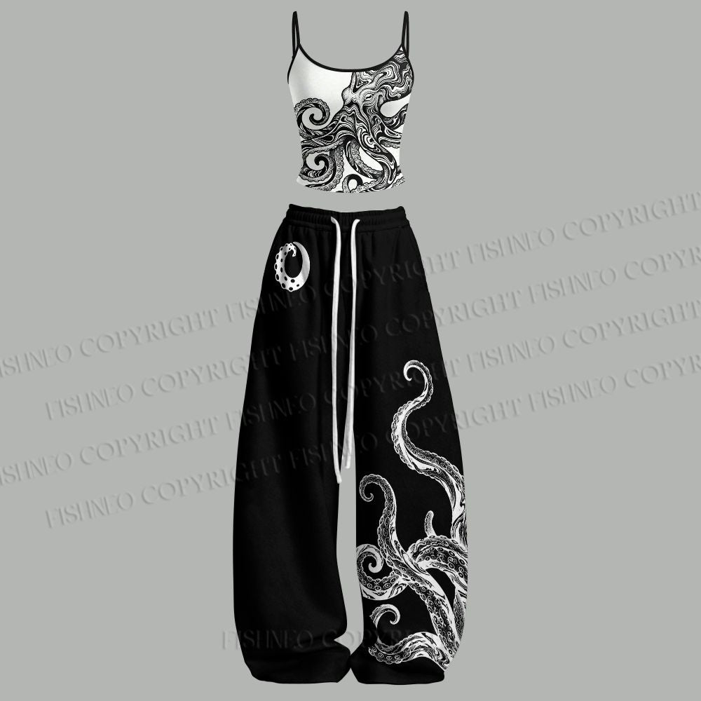 Black And White Octopus Top & Elasticated Trousers Two-Piece Set