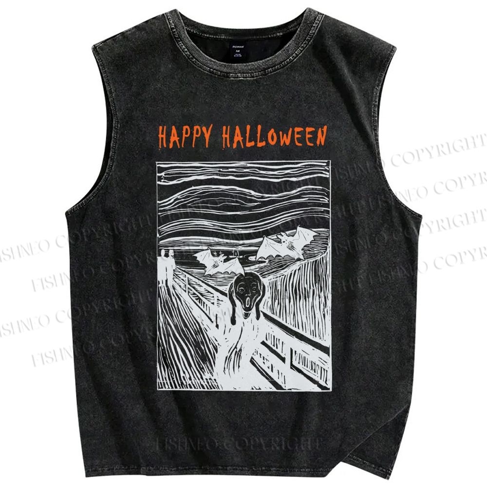 Unisex Happy Halloween Printed Washed Tank Top
