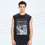 Unisex Happy Halloween Printed Washed Tank Top