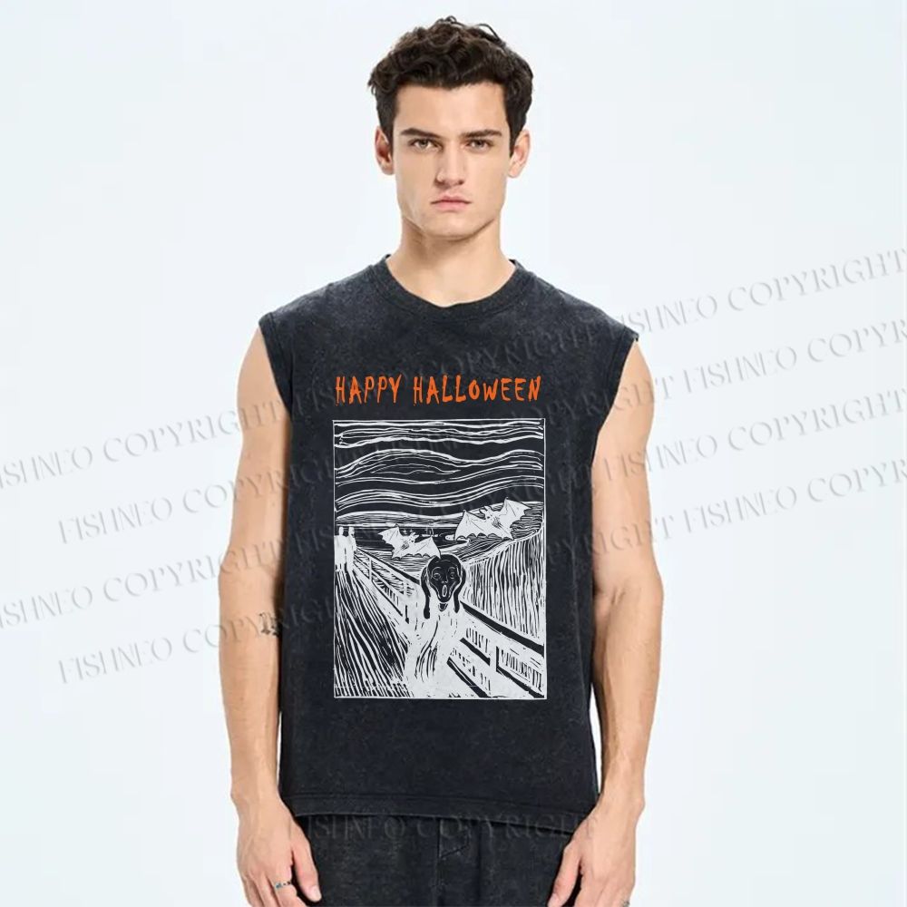 Unisex Happy Halloween Printed Washed Tank Top