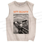 Unisex Happy Halloween Printed Washed Tank Top