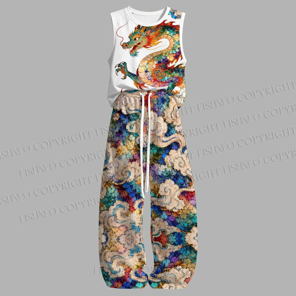 Unisex Multicolor Dragon Loose Tank Top Set