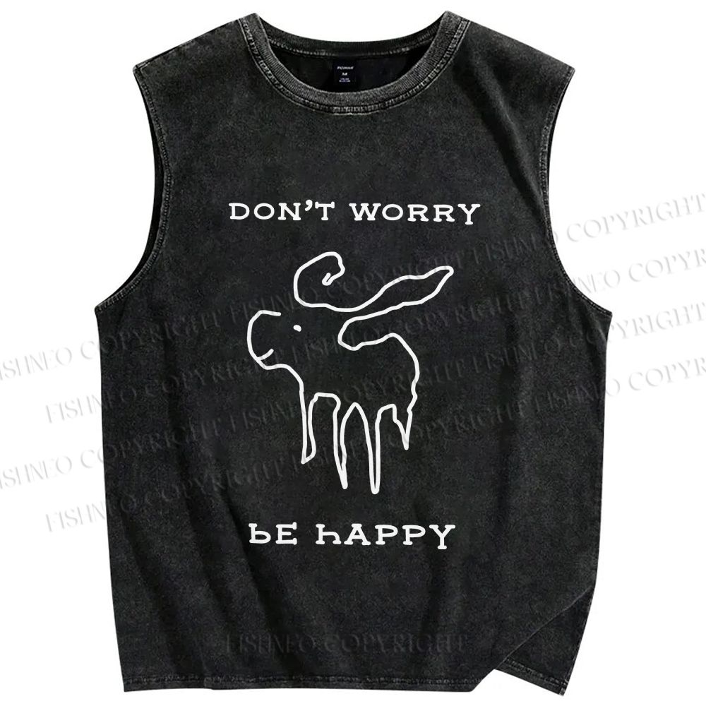 Unisex Don't Worry Be Happy Printed Washed Tank Top