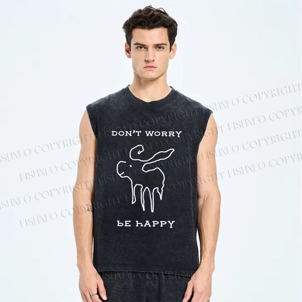 Unisex Don't Worry Be Happy Printed Washed Tank Top