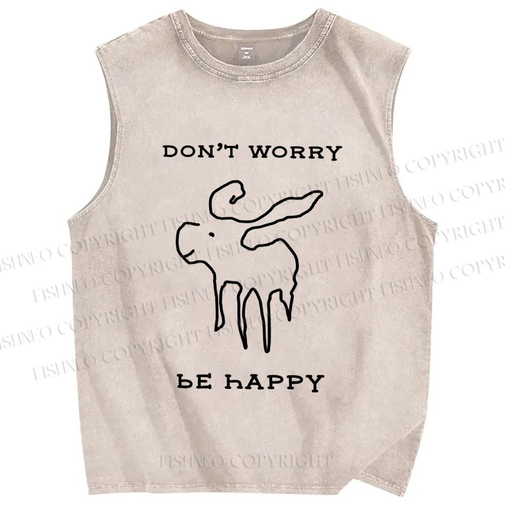 Unisex Don't Worry Be Happy Printed Washed Tank Top